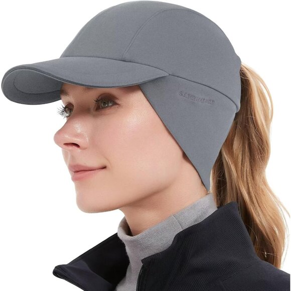 👑Women's Light Grey Winter Reflective Fleece Ponytail Hat with Ear Warmers